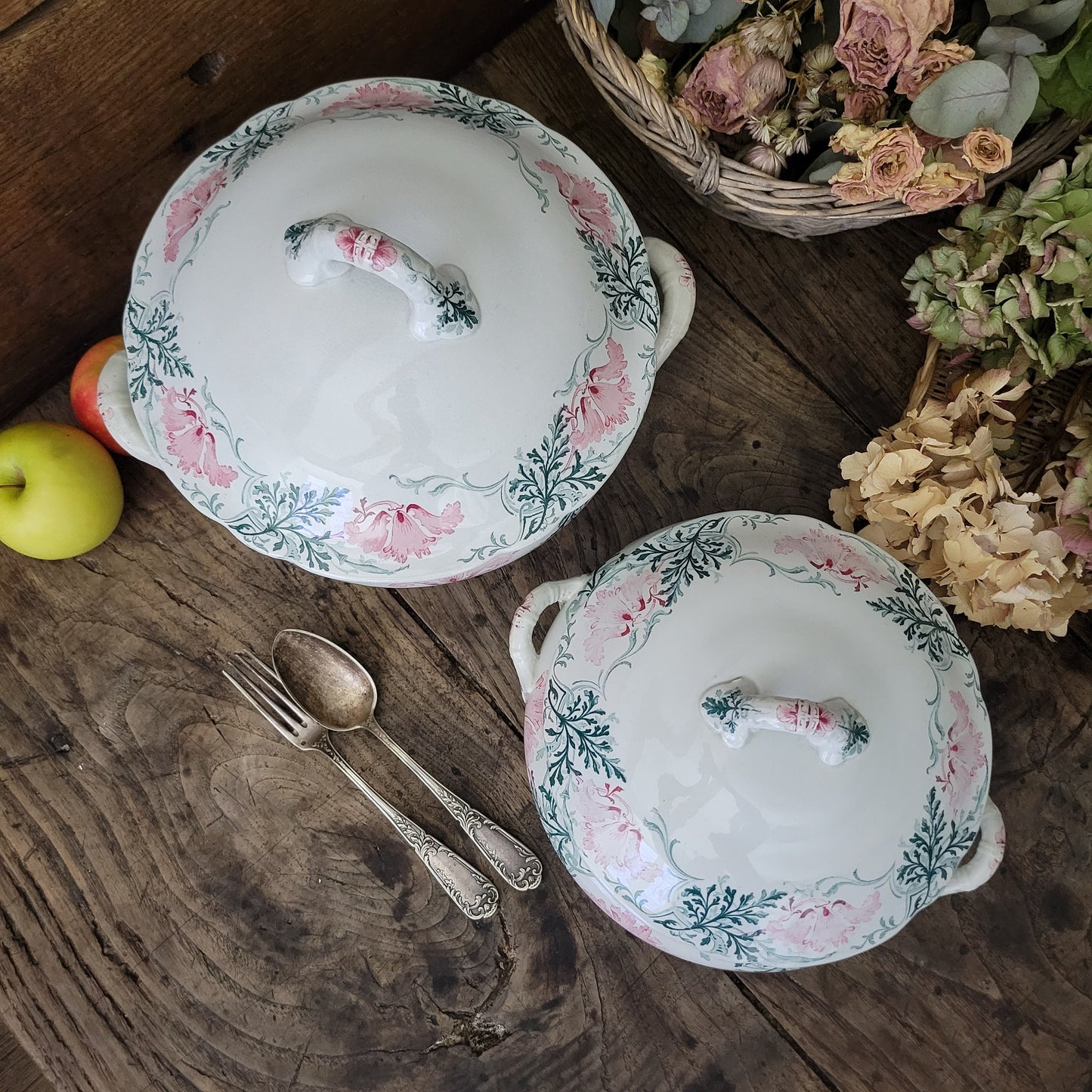 PAIR Shabby Antique French Luneville Soup Tureens, Green & Pink Art Nouveau Floral Transferware