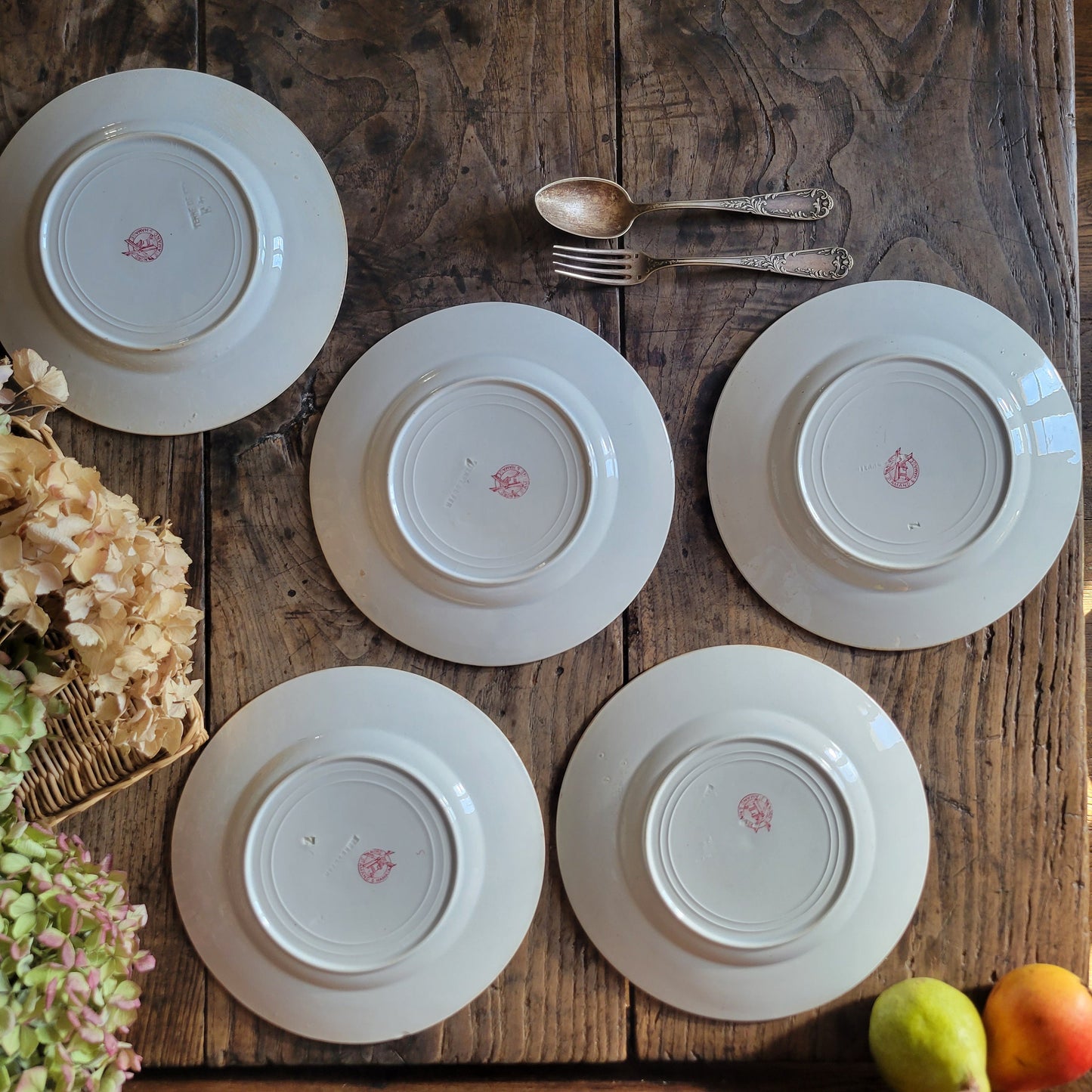 Antique French Ironstone Dinner Plates, Red Floral Transferware, Set of 5