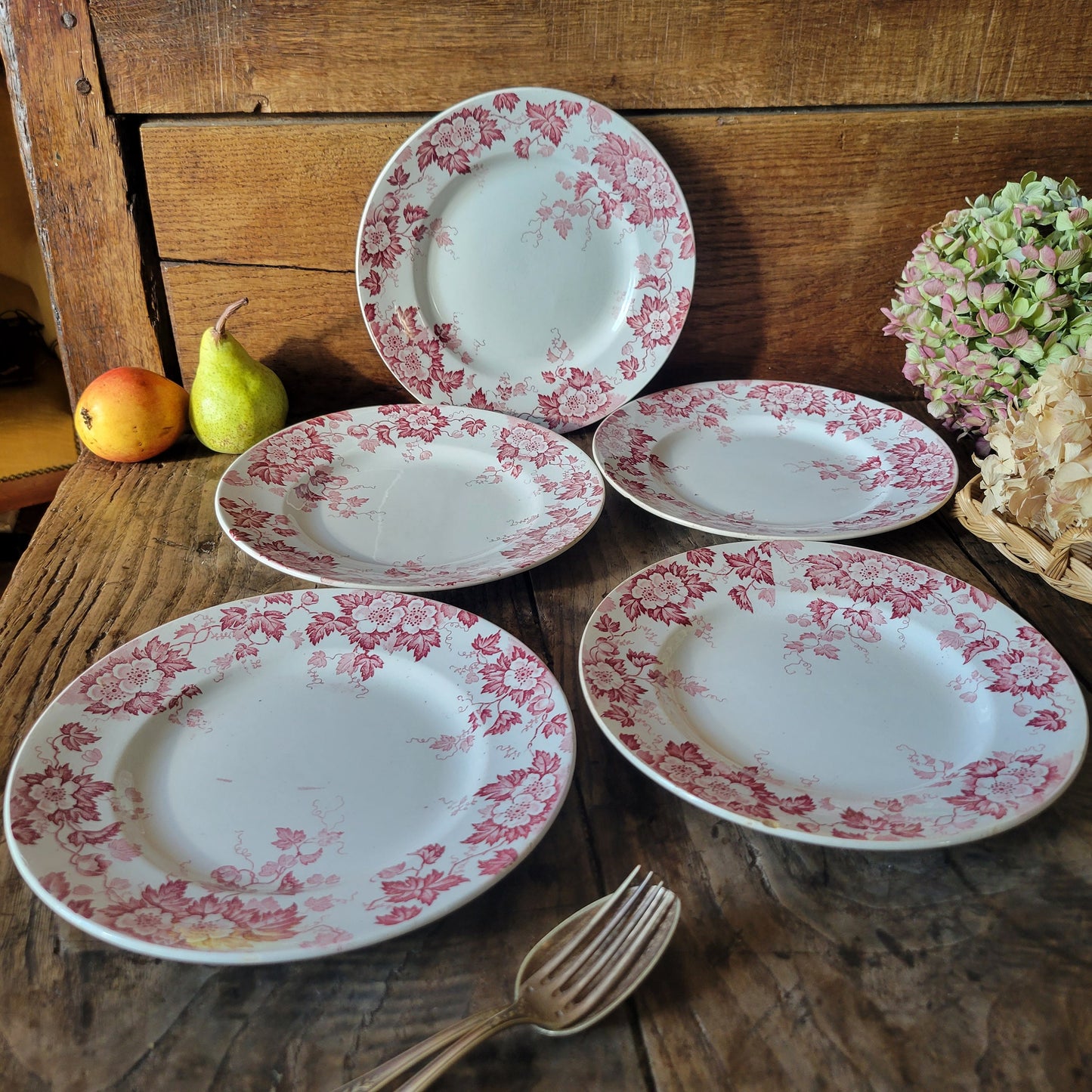 Antique French Ironstone Dinner Plates, Red Floral Transferware, Set of 5