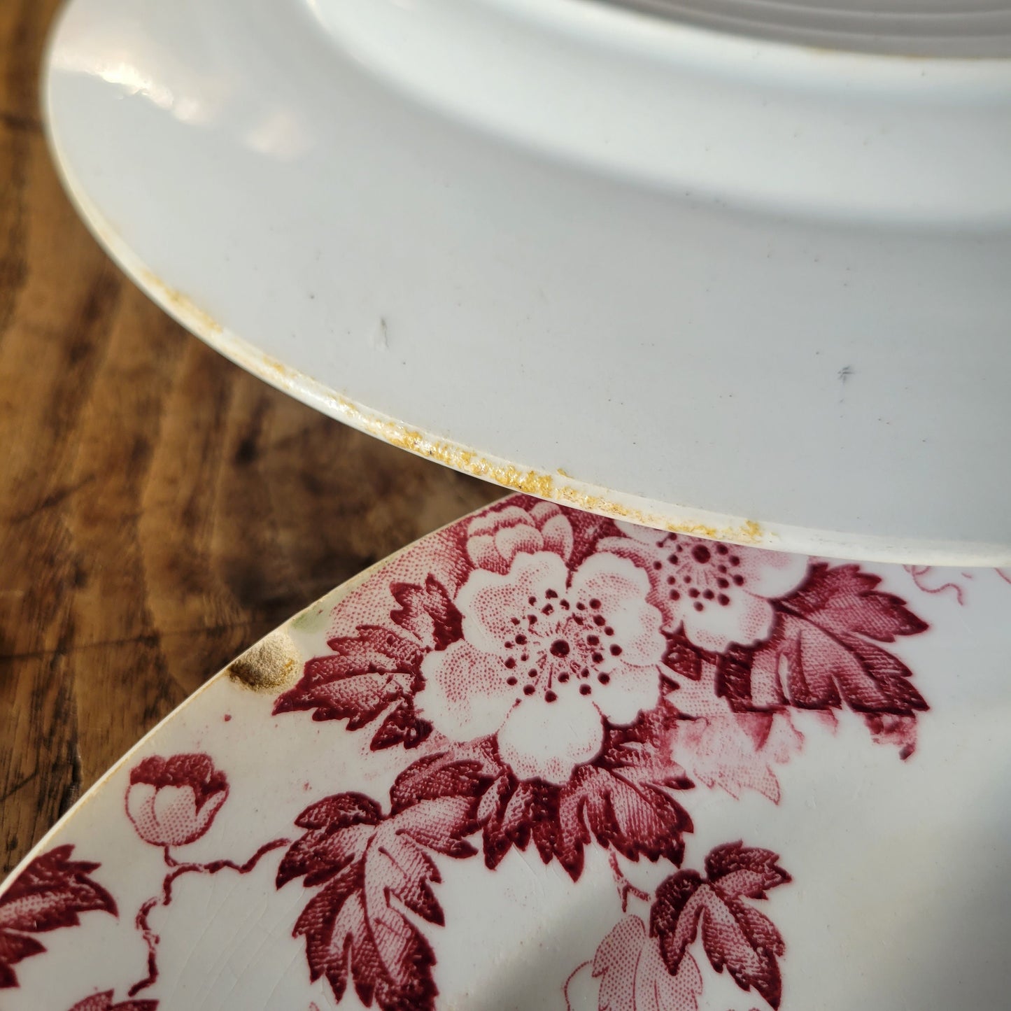 Antique French Ironstone Dinner Plates, Red Floral Transferware, Set of 5