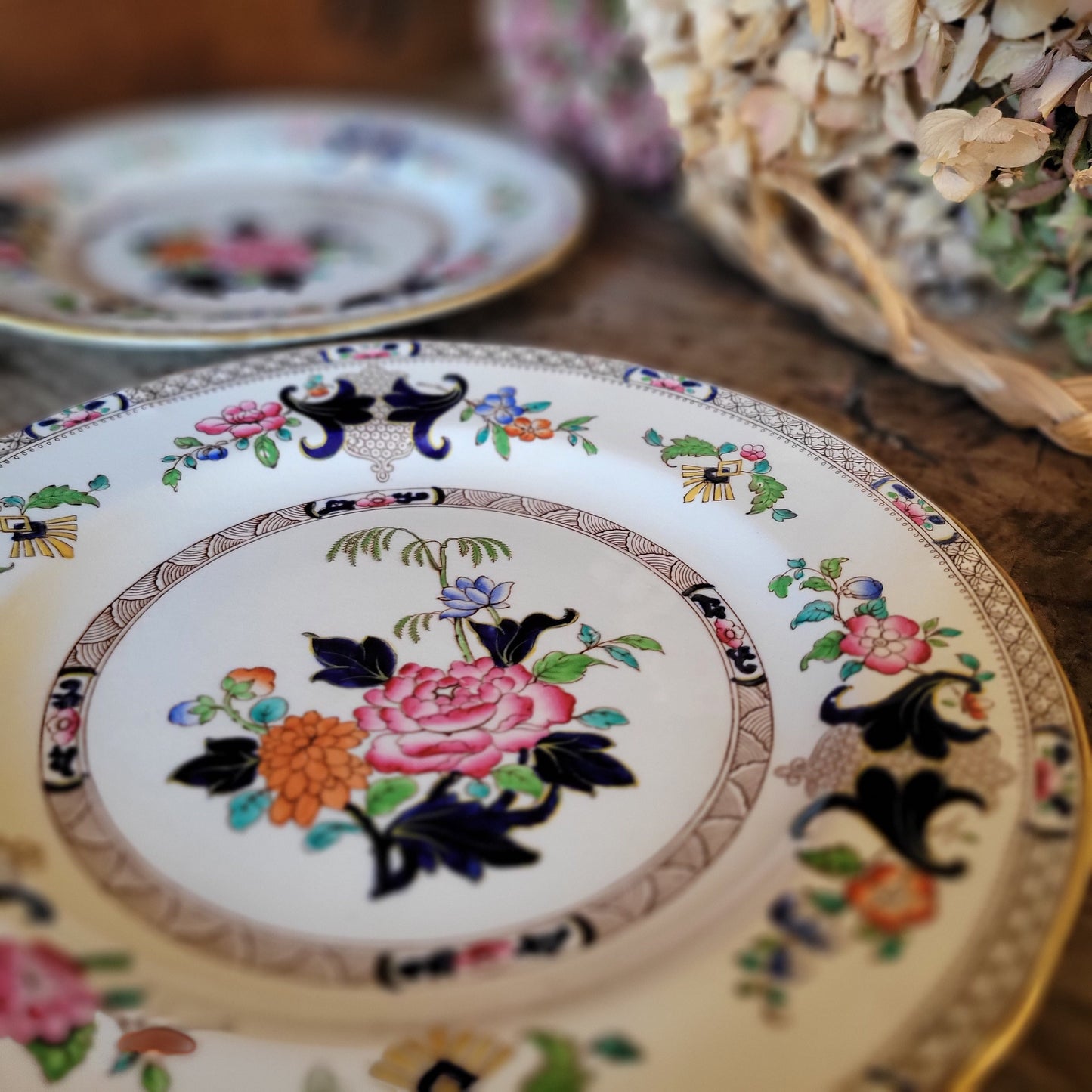 Pair of Antique Minton Chinoiserie Dinner Plates, Edwardian Polychrome Imari, Pair