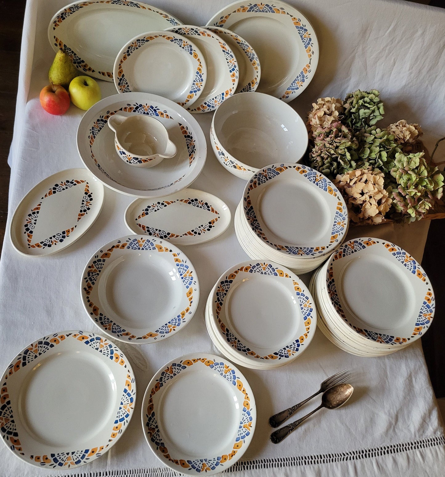 Vintage 12-Place French Art Deco Dinner Service, Blue & Mustard Yellow, 43-Piece Set
