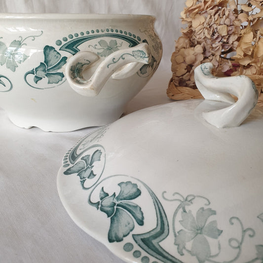 Antique French Luneville Soupiere, Teal Floral Art Nouveau Tureen