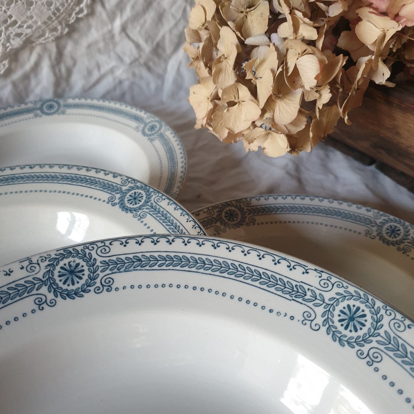 Antique French Ironstone Soup Plates, Set of 8, Sarreguemines Carina