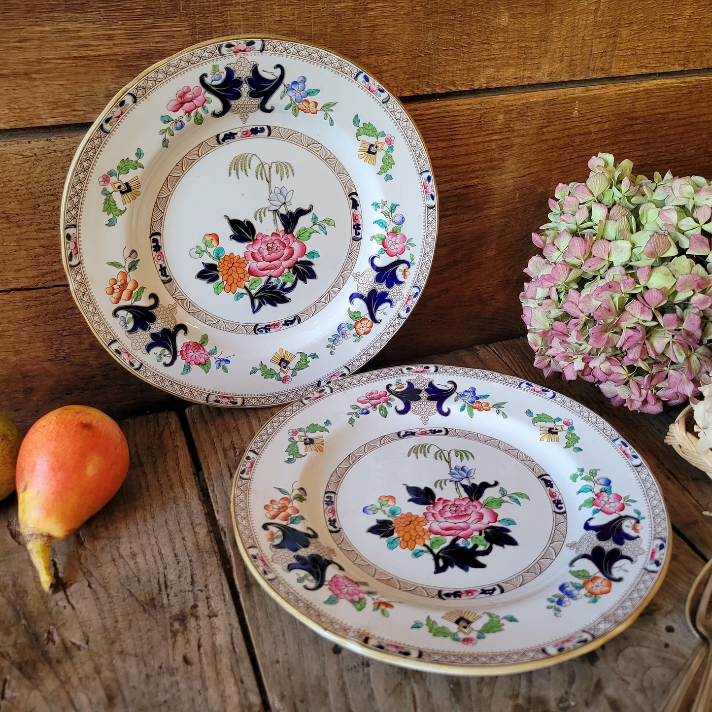 Pair of Antique Minton Chinoiserie Dinner Plates, Edwardian Polychrome Imari, Pair