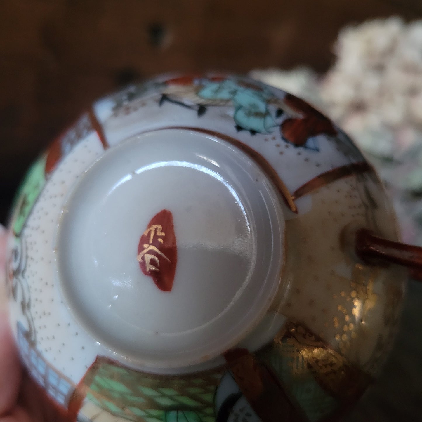 Antique Kutani Eggshell Porcelain Teacup and Saucer Set, Meiji Era Geisha Scene
