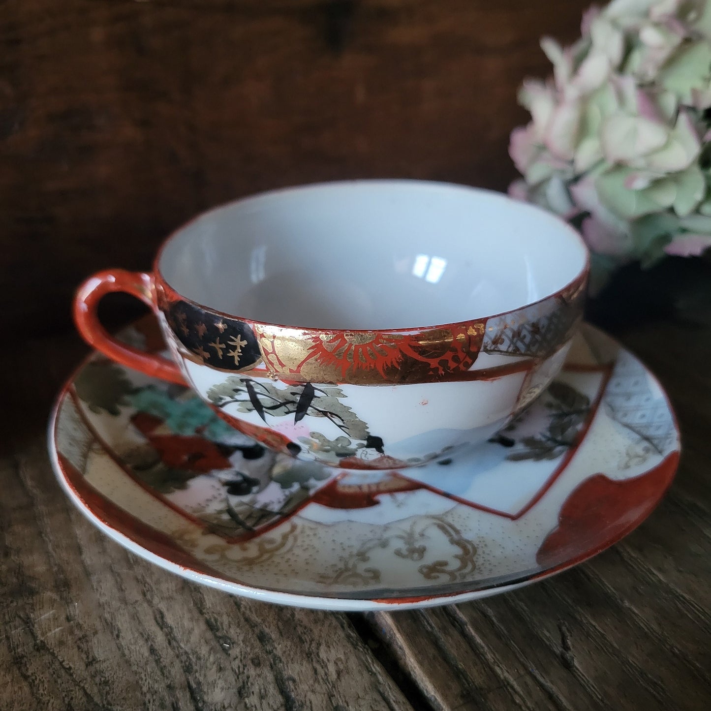 Antique Kutani Eggshell Porcelain Teacup and Saucer Set, Meiji Era Geisha Scene