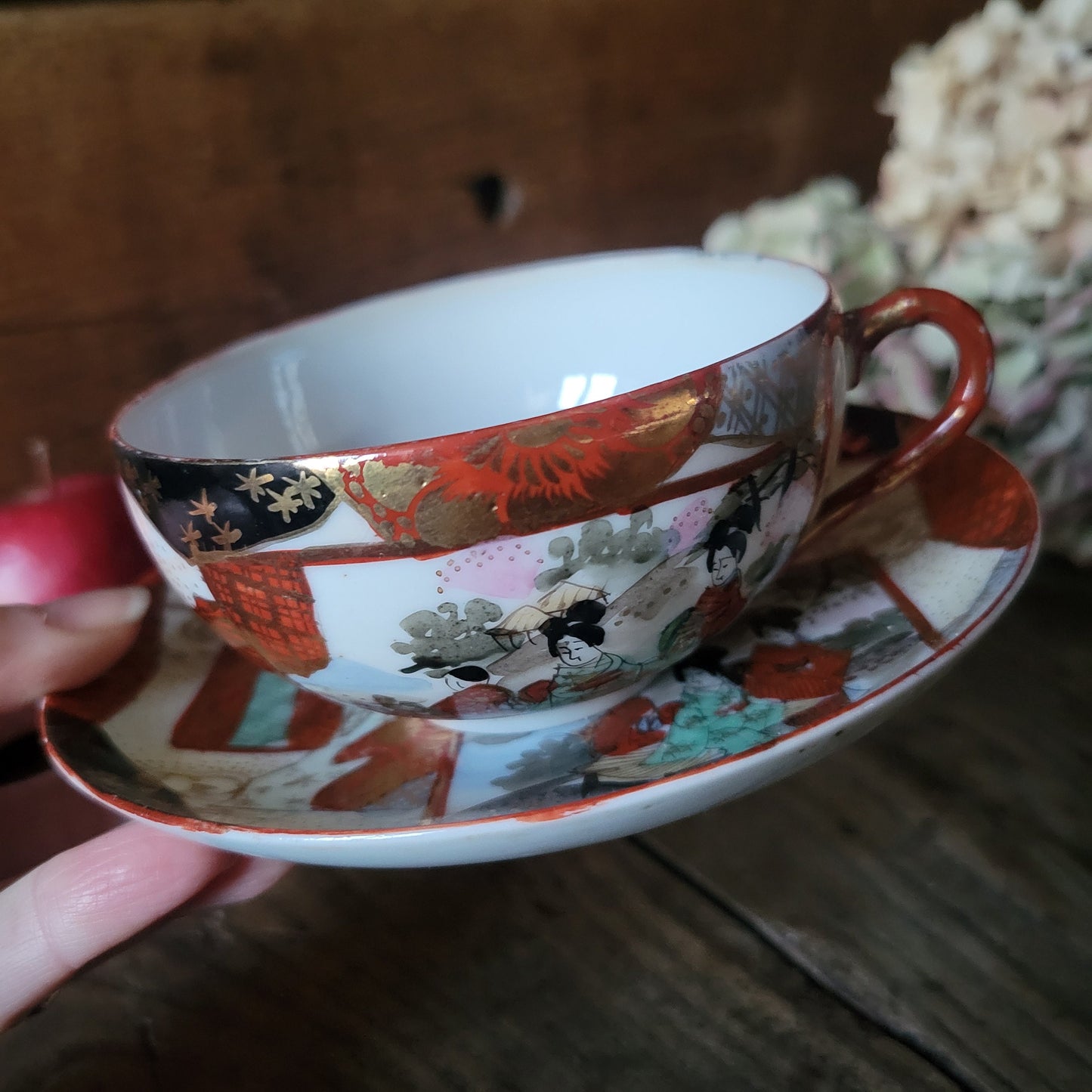 Antique Kutani Eggshell Porcelain Teacup and Saucer Set, Meiji Era Geisha Scene