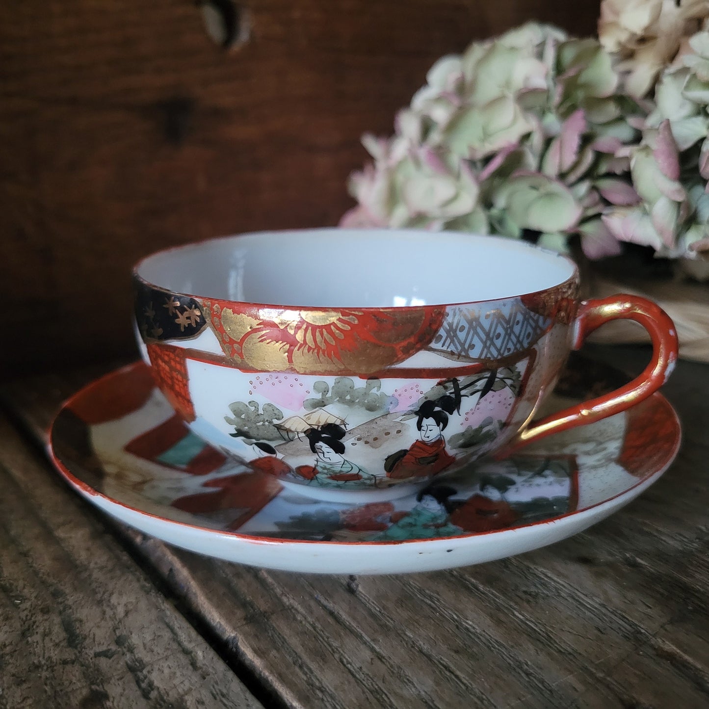 Antique Kutani Eggshell Porcelain Teacup and Saucer Set, Meiji Era Geisha Scene