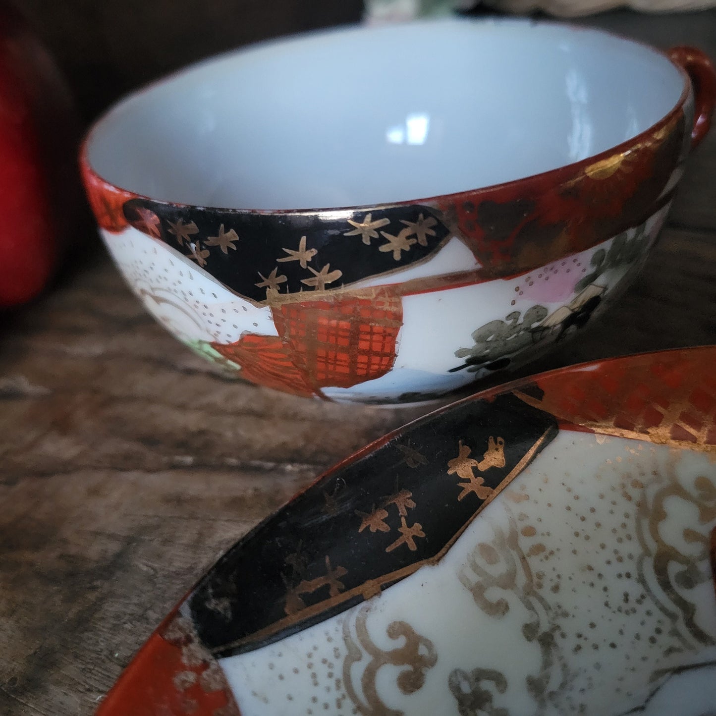 Antique Kutani Eggshell Porcelain Teacup and Saucer Set, Meiji Era Geisha Scene