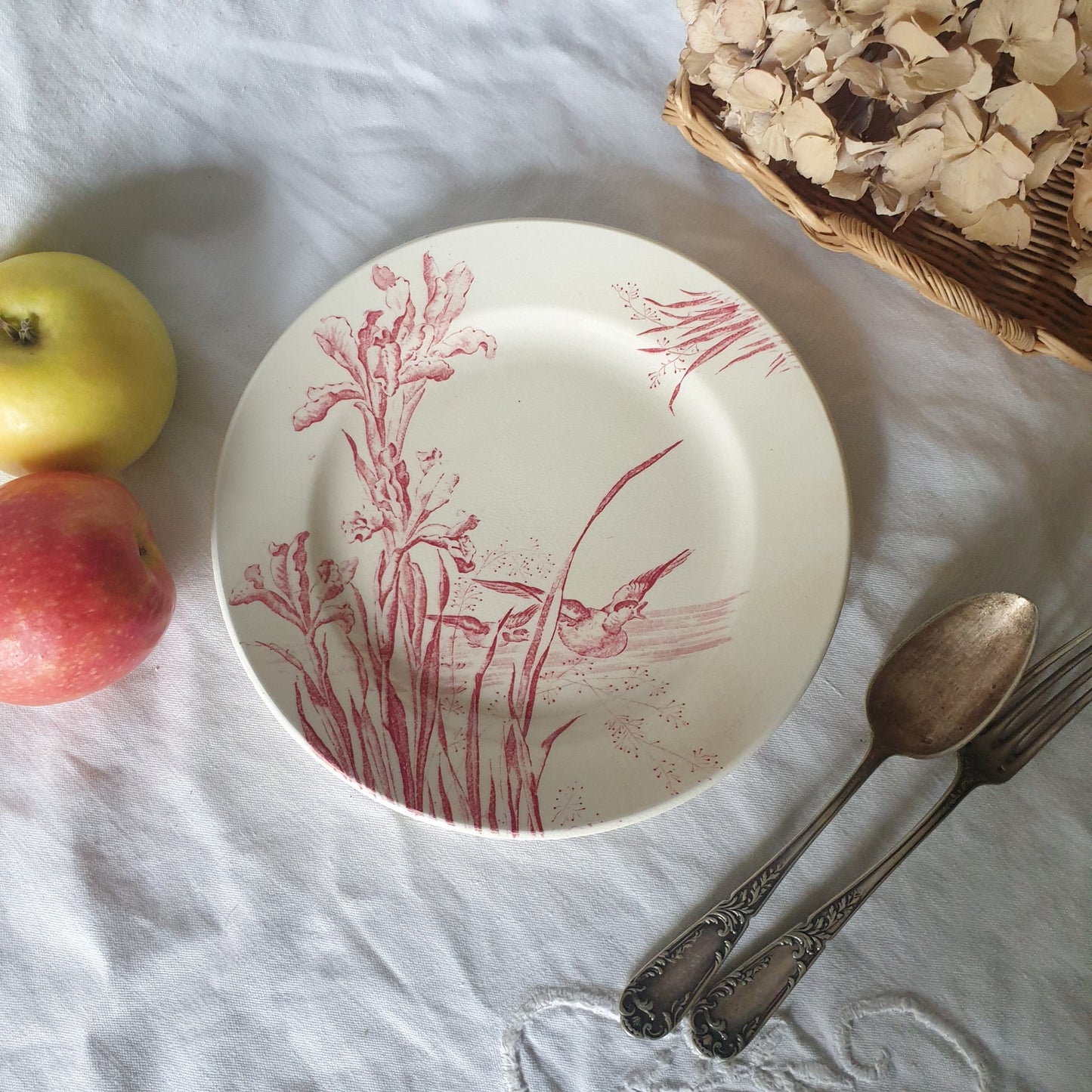Antique French Transferware Plate, Iris Flowers with Ducks, Salins France c1910