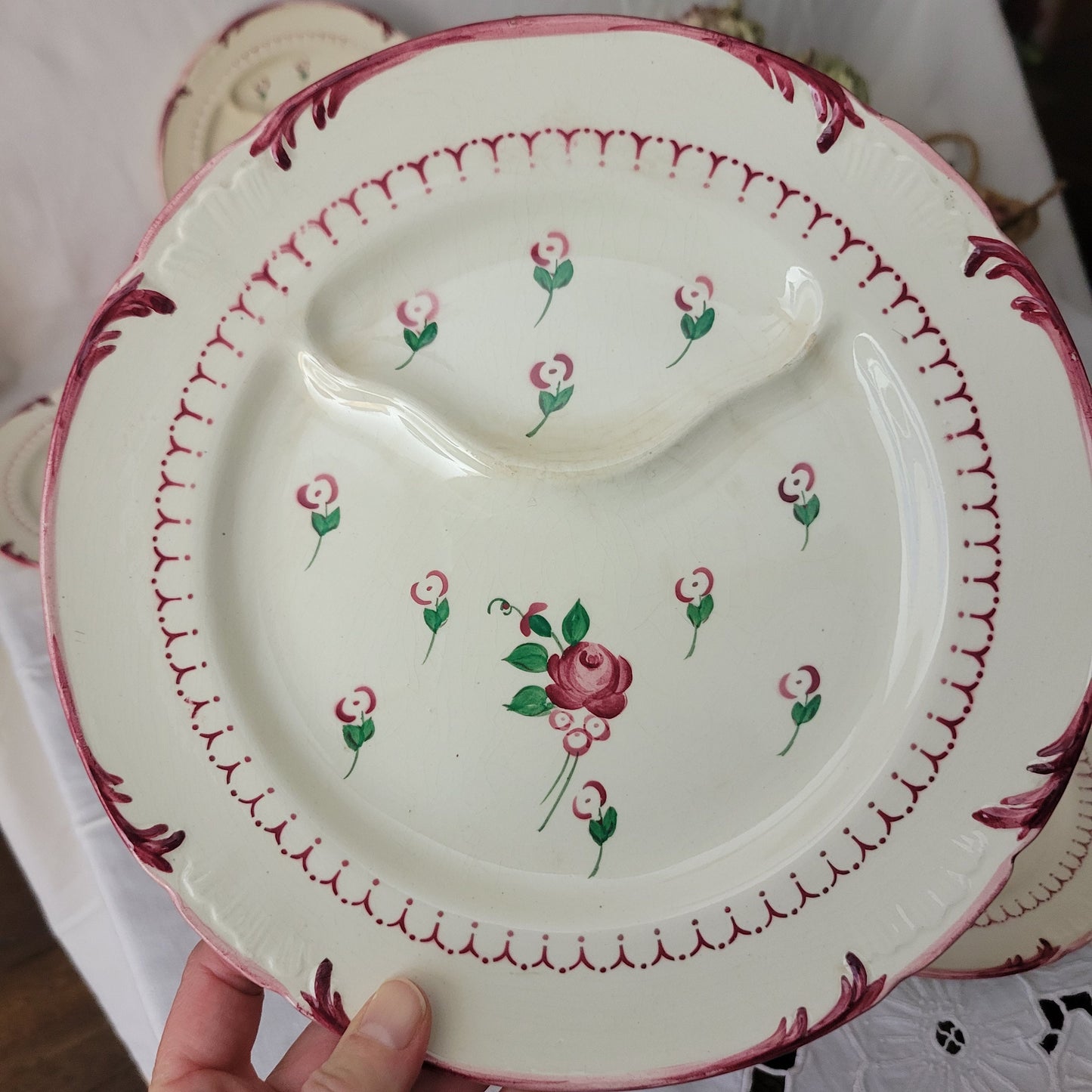 Set of 8 Antique French Asparagus Plates, Floral Ironstone Longchamp