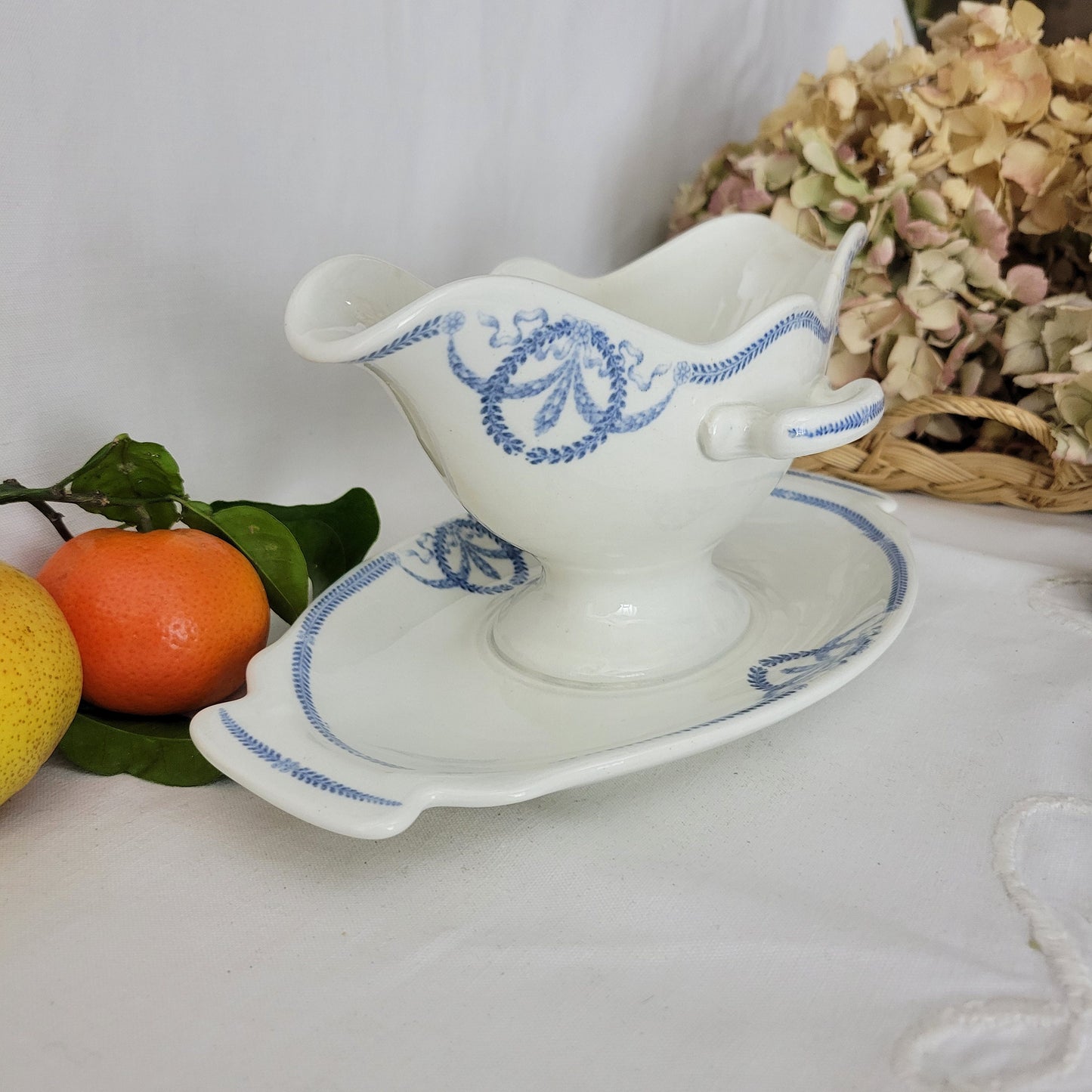 Antique footed sauce boat / sauciere, Societe Ceramique Maestricht, blue and white dish, 'Josephine' pattern 1900-1920