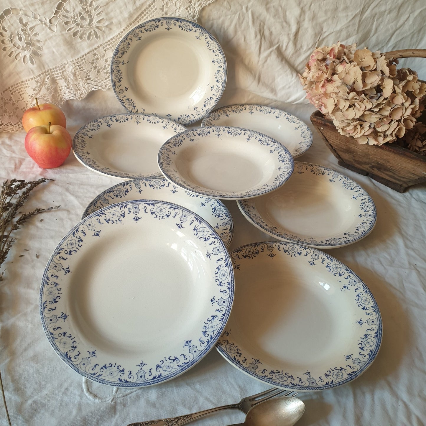Set of 8 Antique French Soup Plates, Blue Transferware, Creil et Montereau