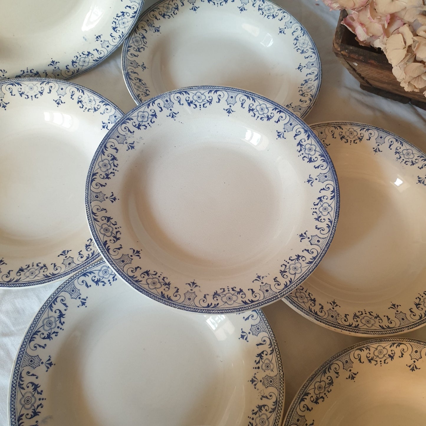 Set of 8 Antique French Soup Plates, Blue Transferware, Creil et Montereau