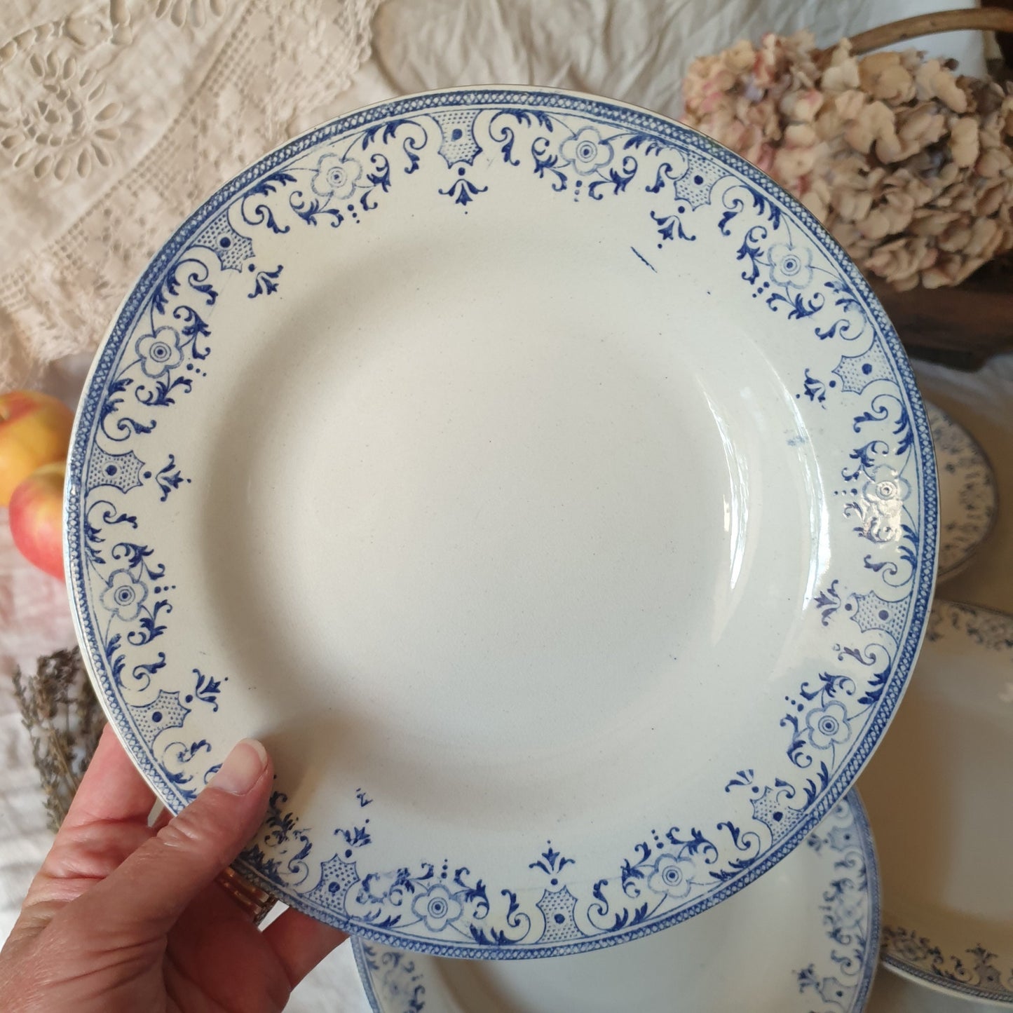 Set of 8 Antique French Soup Plates, Blue Transferware, Creil et Montereau