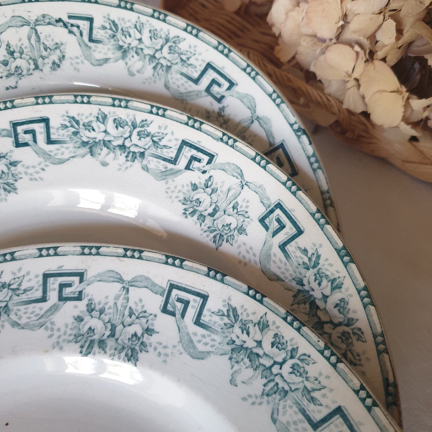 Set 3 Antique French Ironstone Plates, Green Transferware Athenes Pattern