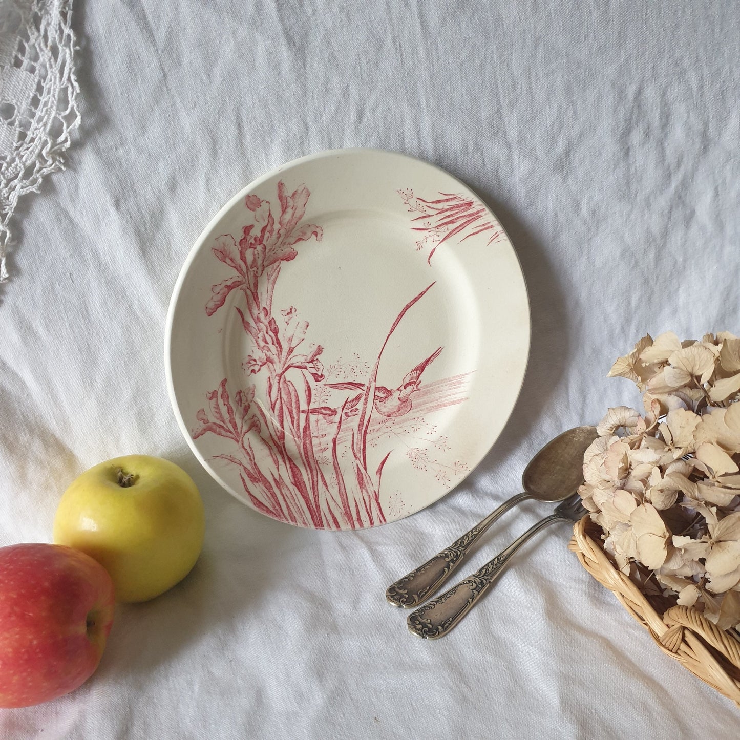 Antique French Transferware Plate, Iris Flowers with Ducks, Salins France c1910