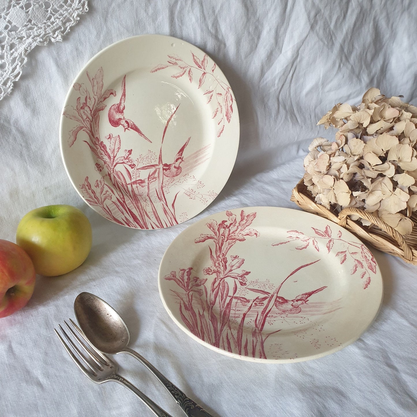 Antique French Transferware Plates, Iris, Ducks, c1910, Salins France (Pair)