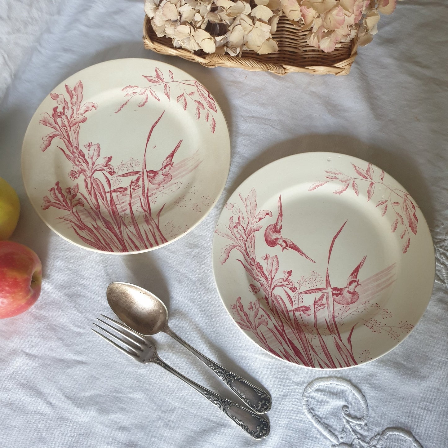 Antique French Transferware Plates, Iris, Ducks, c1910, Salins France (Pair)