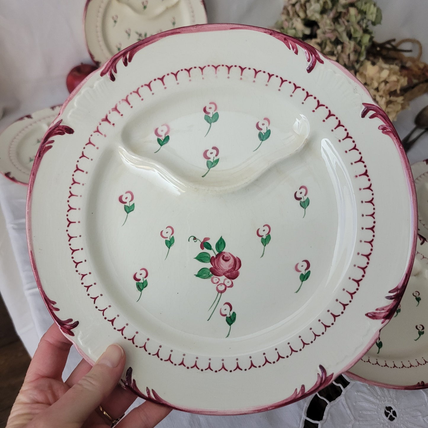 Set of 8 Antique French Asparagus Plates, Floral Ironstone Longchamp