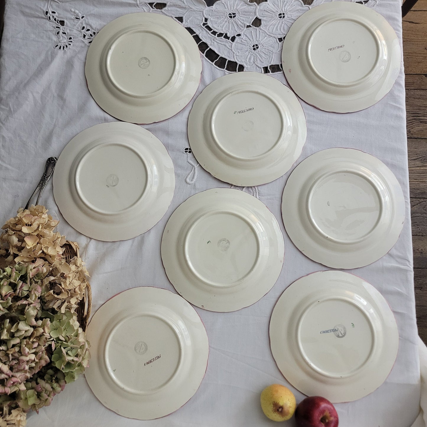 Set of 8 Antique French Asparagus Plates, Floral Ironstone Longchamp