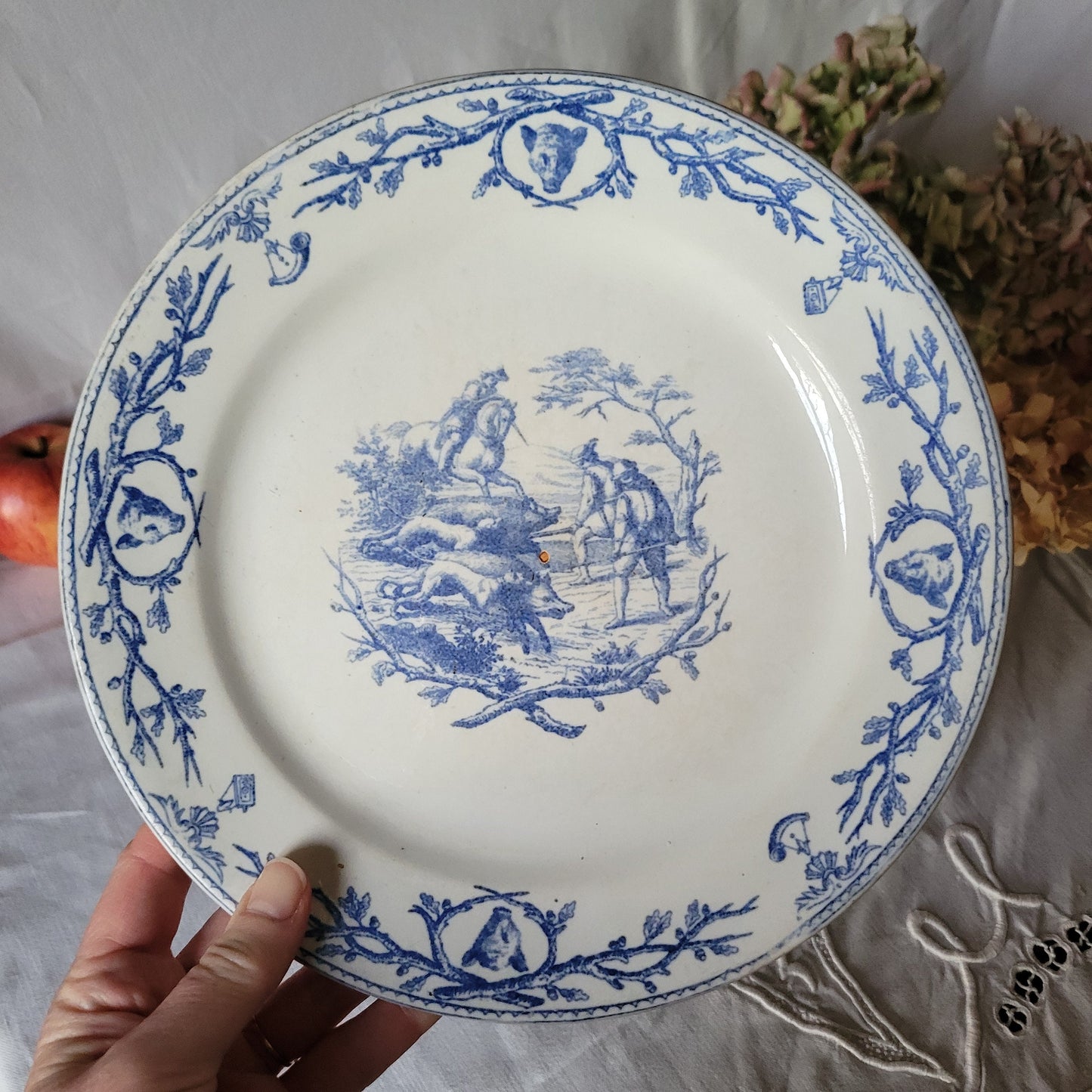 Antique French Transferware Plate, Gien 'Sangliers' Boar Hunting Scene