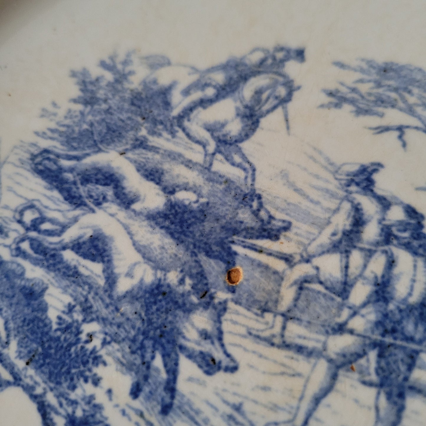 Antique French Transferware Plate, Gien 'Sangliers' Boar Hunting Scene