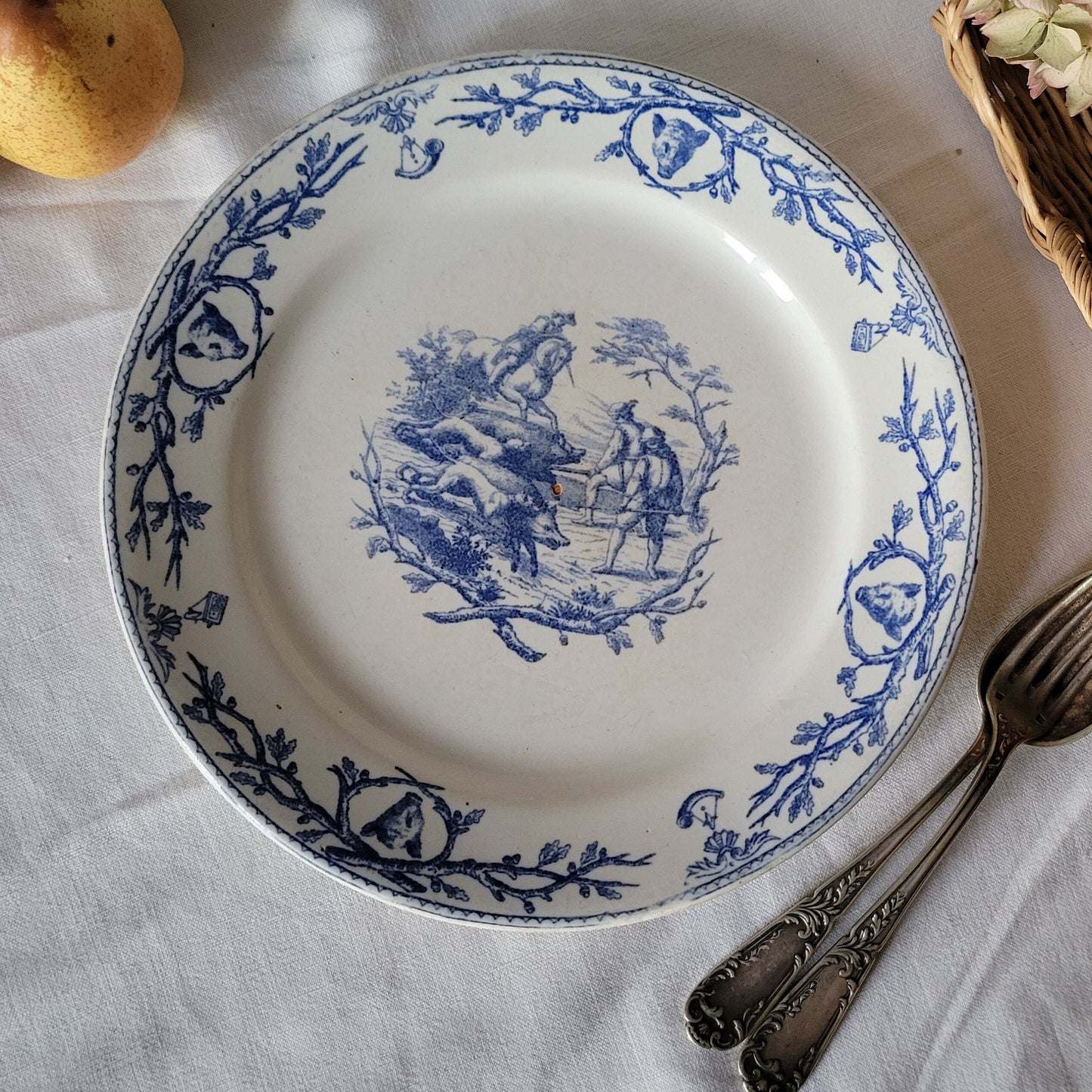 Antique French Transferware Plate, Gien 'Sangliers' Boar Hunting Scene