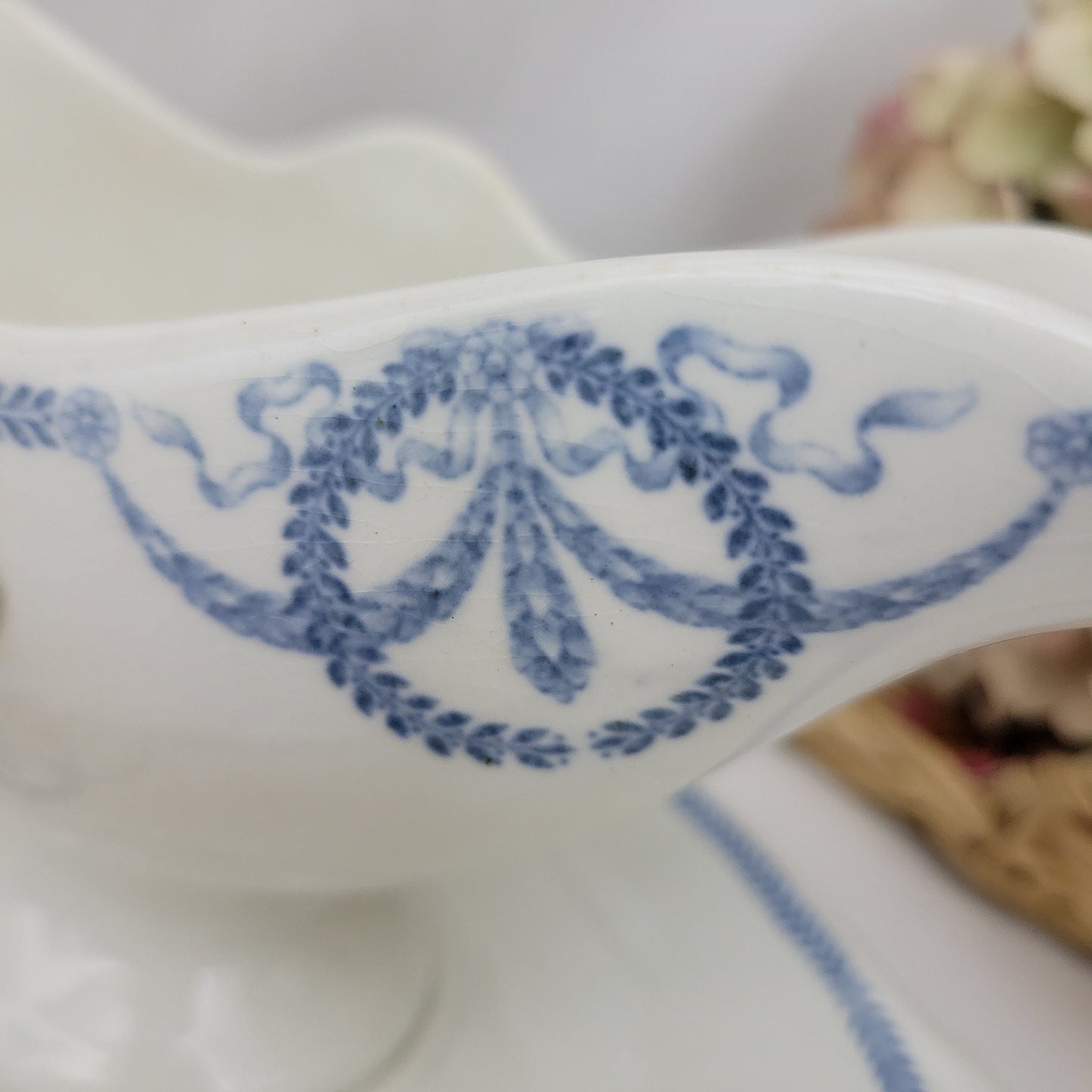 Antique footed sauce boat / sauciere, Societe Ceramique Maestricht, blue and white dish, 'Josephine' pattern 1900-1920