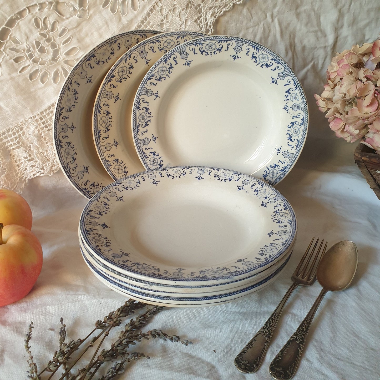 Set of 8 Antique French Soup Plates, Blue Transferware, Creil et Montereau