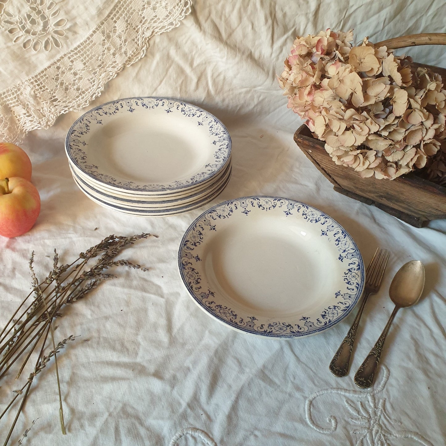 Set of 8 Antique French Soup Plates, Blue Transferware, Creil et Montereau