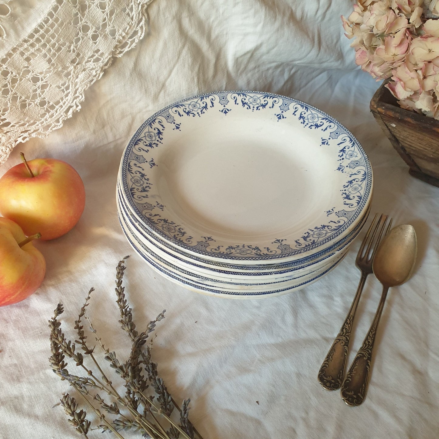 Set of 8 Antique French Soup Plates, Blue Transferware, Creil et Montereau