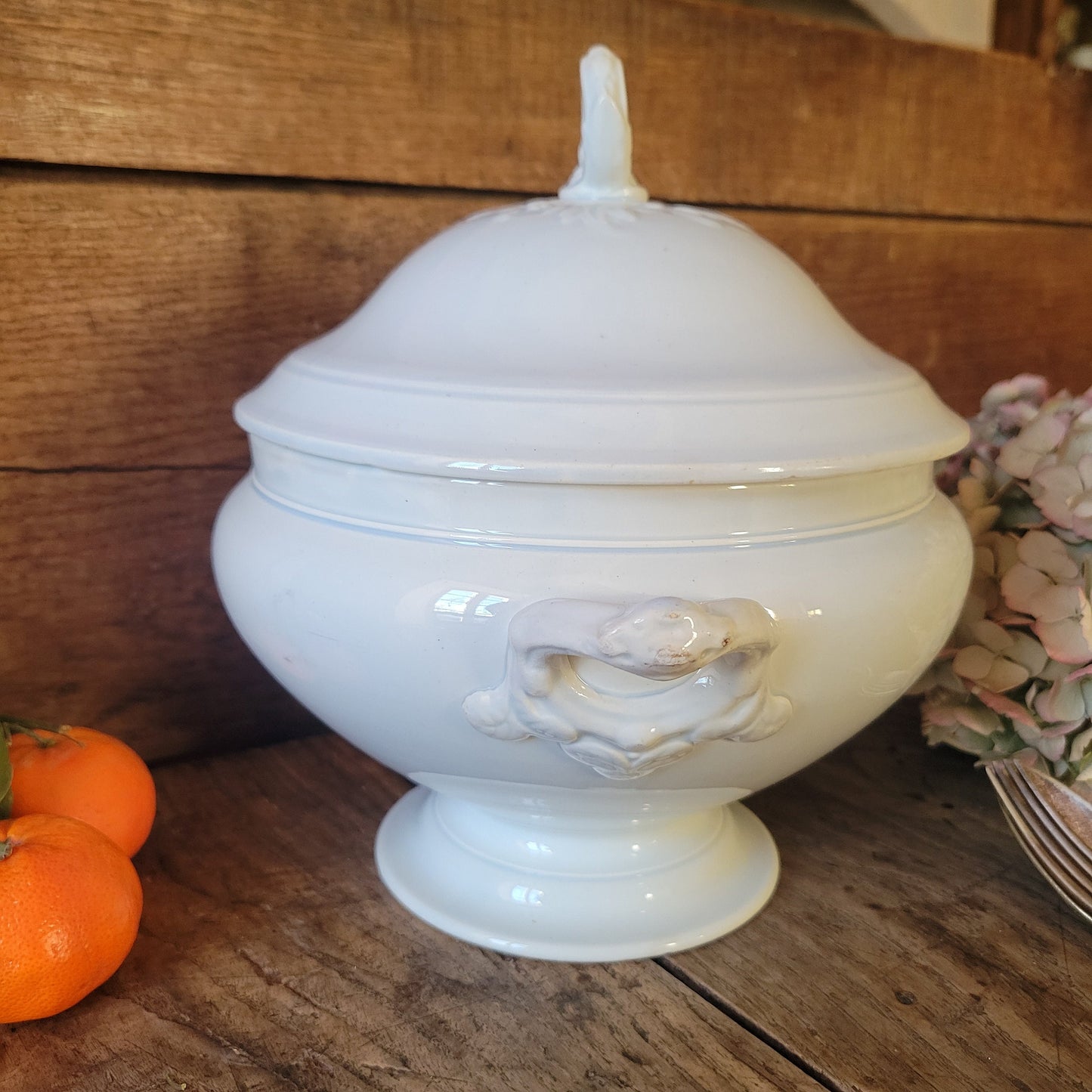 Antique French White Ironstone Soup Tureen: Creil et Montereau Acanthus Leaf Soupiere