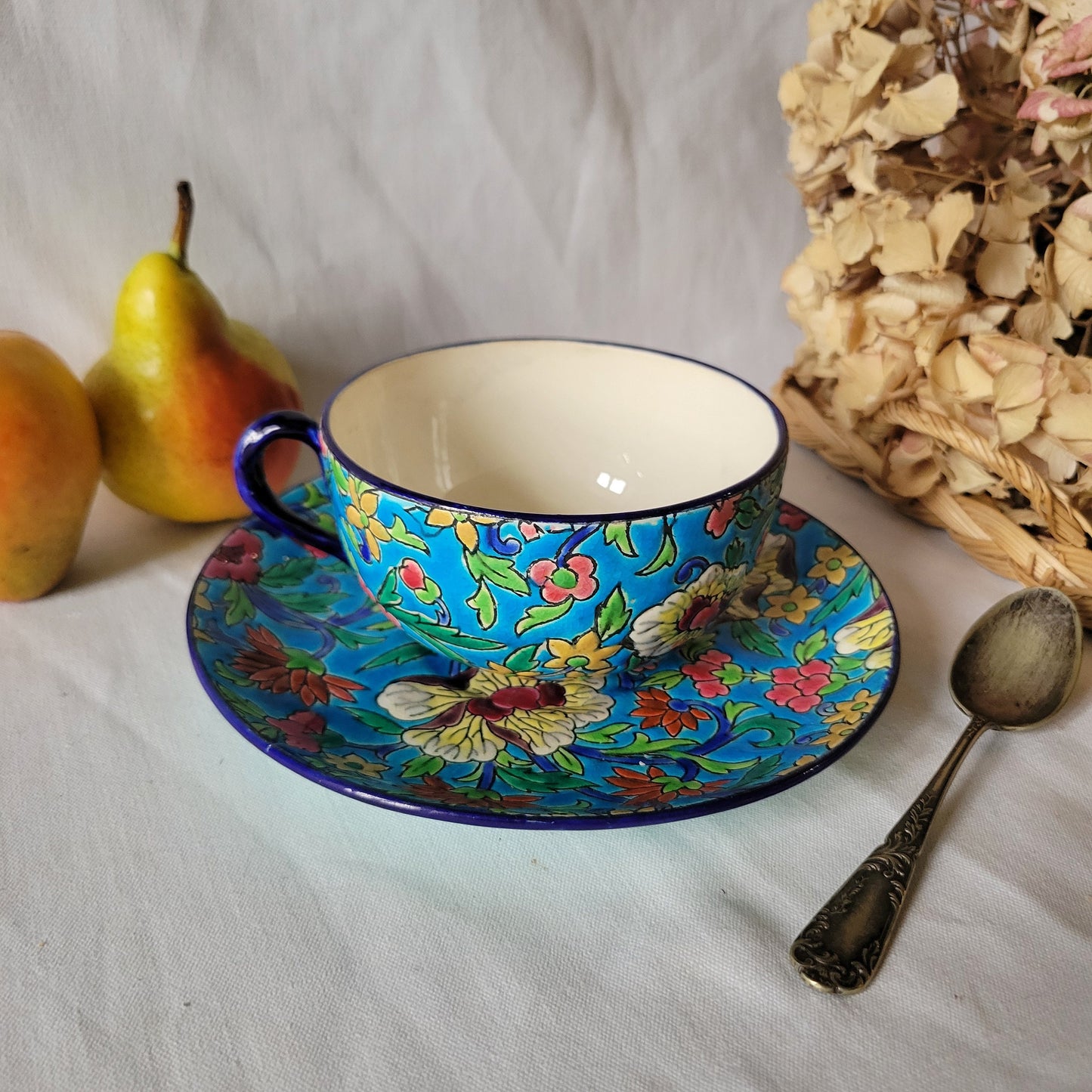 Longwy Enameled Large Tea / Coffee / Chocolate Cup & Saucer Duo: French Orientalist Polychrome, c1900