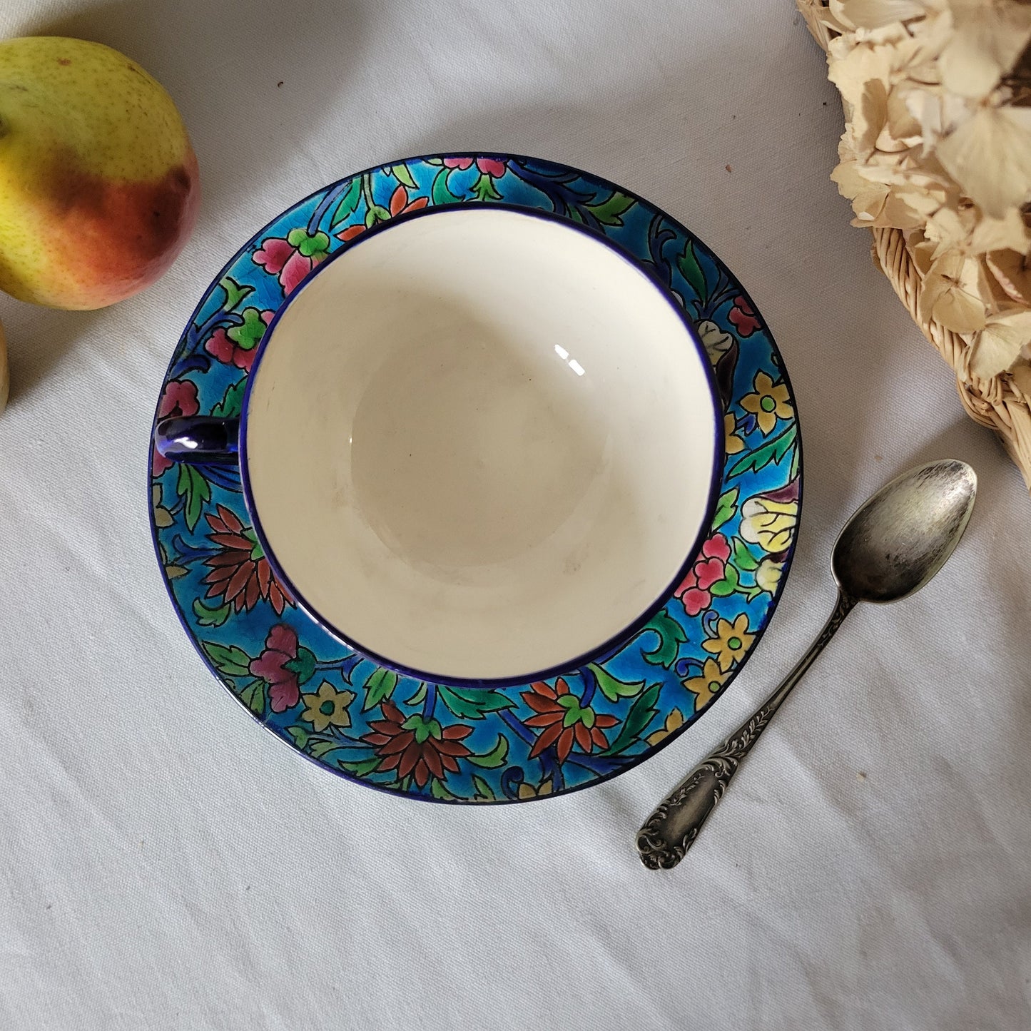 Longwy Enameled Large Tea / Coffee / Chocolate Cup & Saucer Duo: French Orientalist Polychrome, c1900