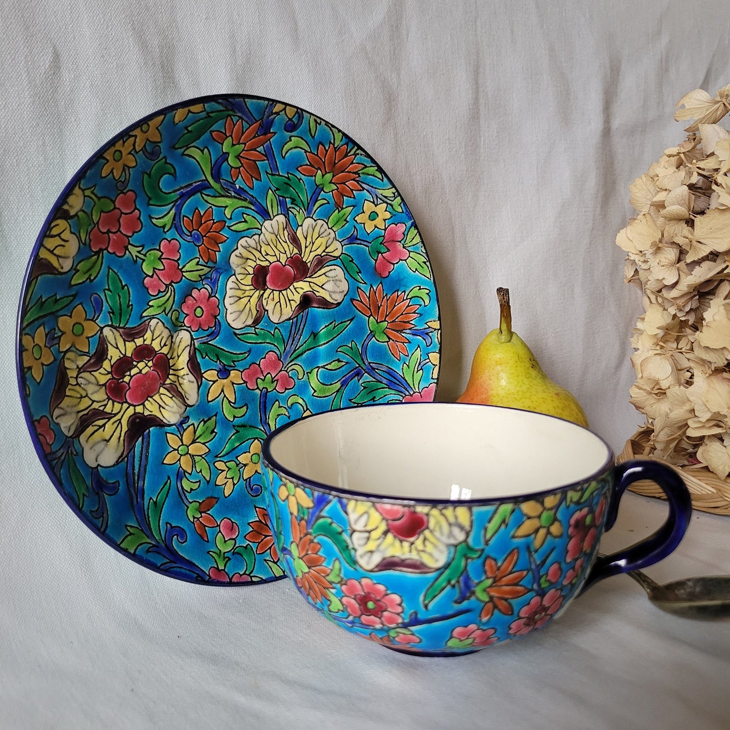 Longwy Enameled Large Tea / Coffee / Chocolate Cup & Saucer Duo: French Orientalist Polychrome, c1900