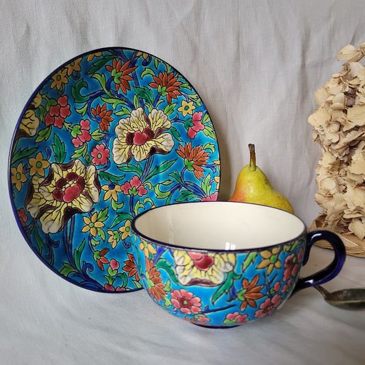 Longwy Enameled Large Tea / Coffee / Chocolate Cup & Saucer Duo: French Orientalist Polychrome, c1900