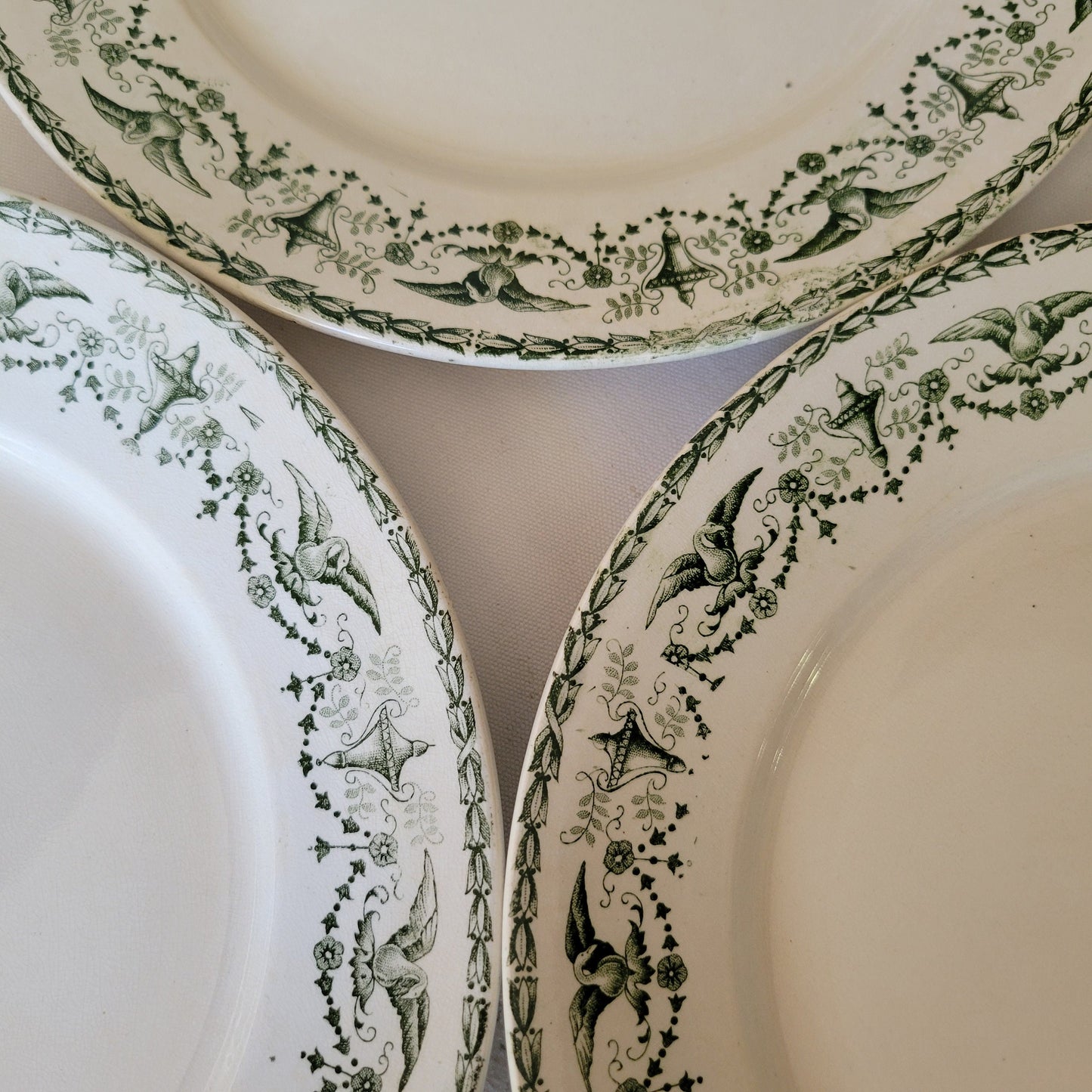 Antique French Transferware Dinner Plates Set of 6: Empire Style, Birds & Wreaths