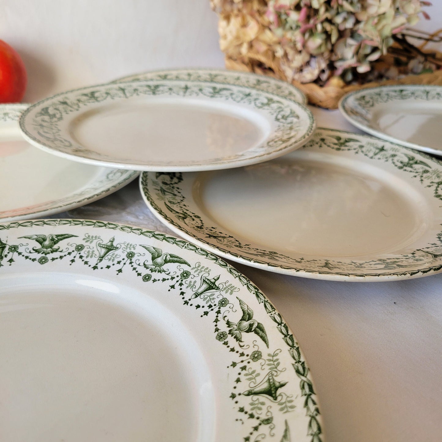 Antique French Transferware Dinner Plates Set of 6: Empire Style, Birds & Wreaths