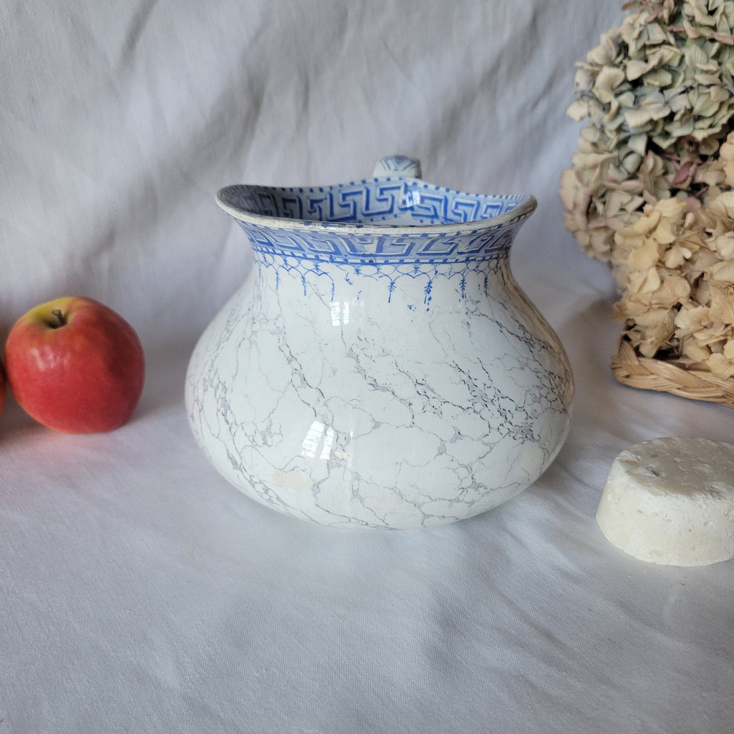 Antique pitcher / water jug, REVIEW marble effect blue and white Greek key border, 'Athenes' by K&G Luneville, France c1890 cornflower blue