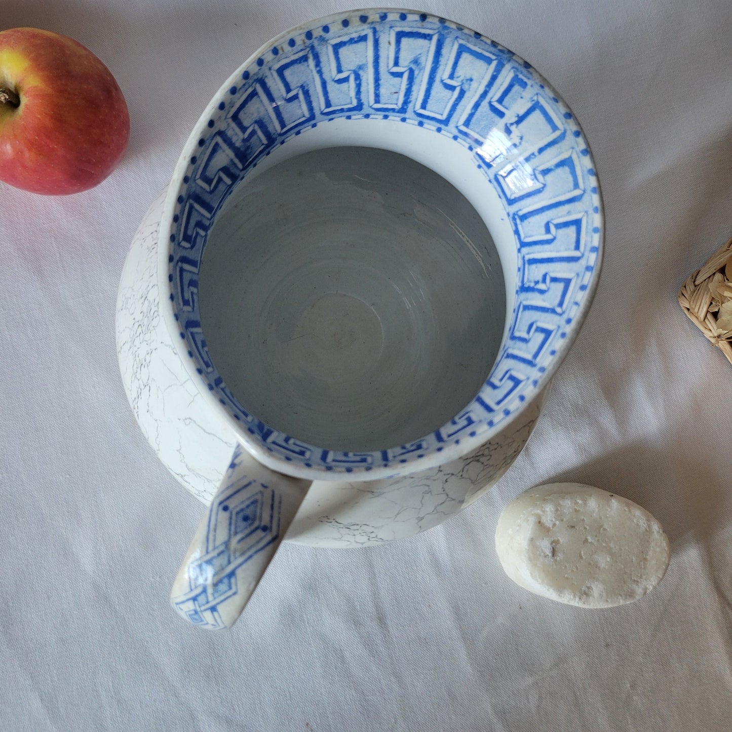Antique pitcher / water jug, REVIEW marble effect blue and white Greek key border, 'Athenes' by K&G Luneville, France c1890 cornflower blue