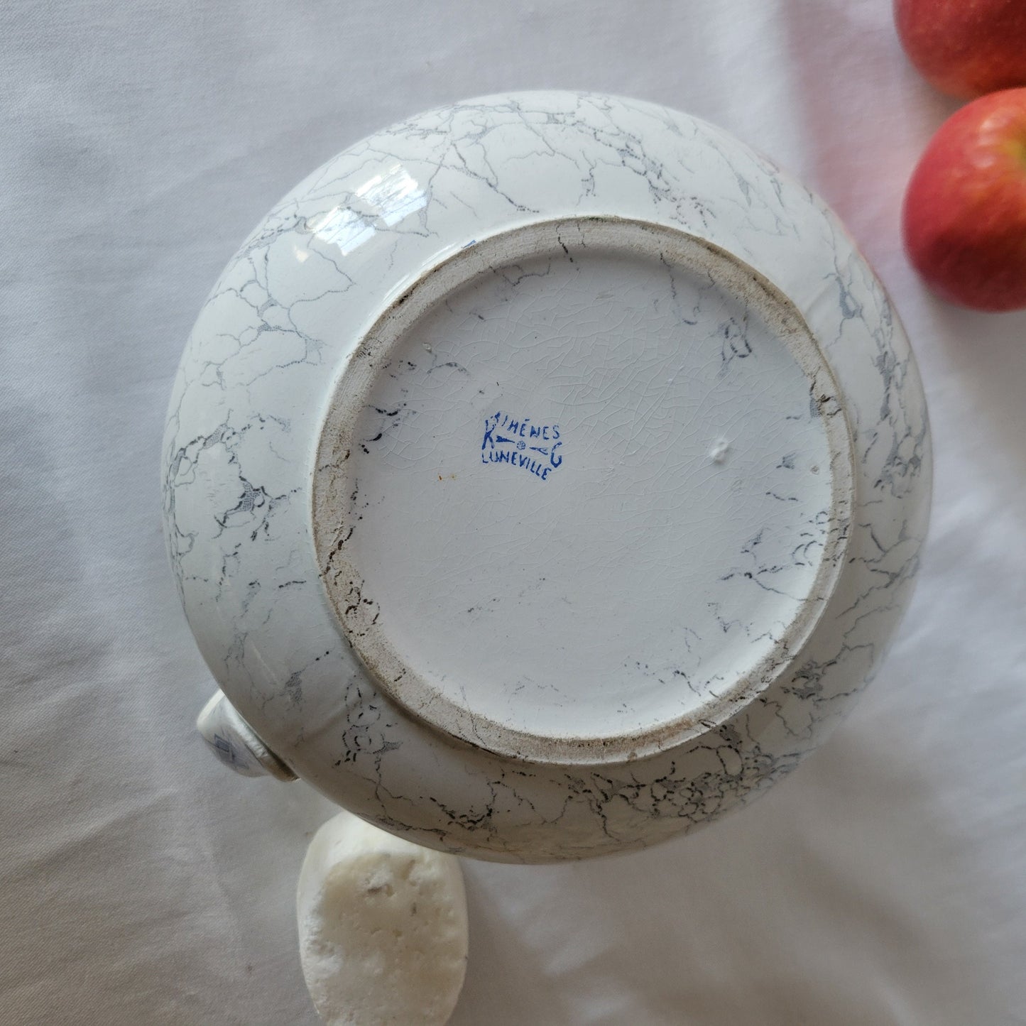 Antique pitcher / water jug, REVIEW marble effect blue and white Greek key border, 'Athenes' by K&G Luneville, France c1890 cornflower blue