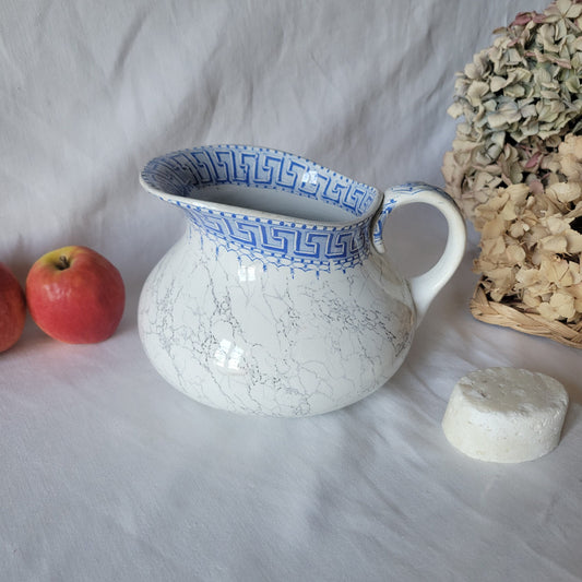 Antique pitcher / water jug, REVIEW marble effect blue and white Greek key border, 'Athenes' by K&G Luneville, France c1890 cornflower blue