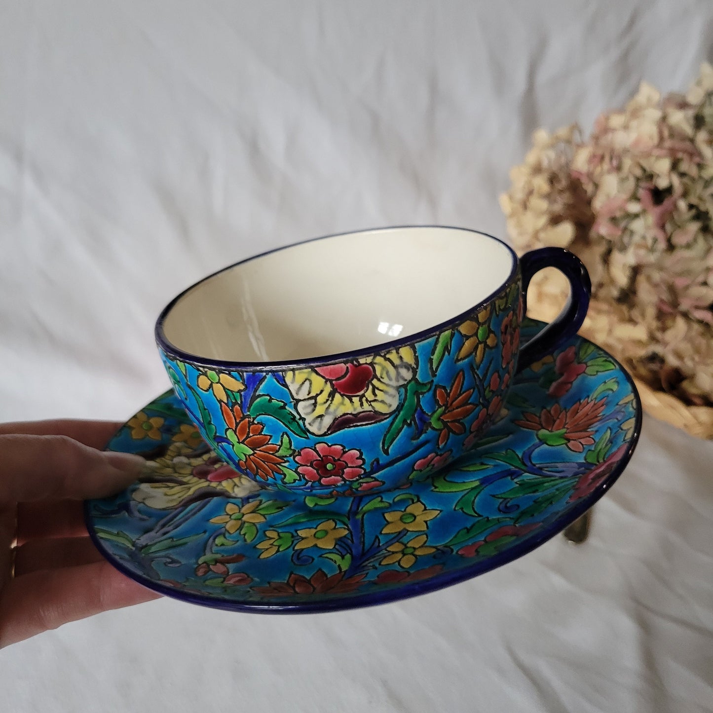 Longwy Enameled Large Tea / Coffee / Chocolate Cup & Saucer Duo: French Orientalist Polychrome, c1900
