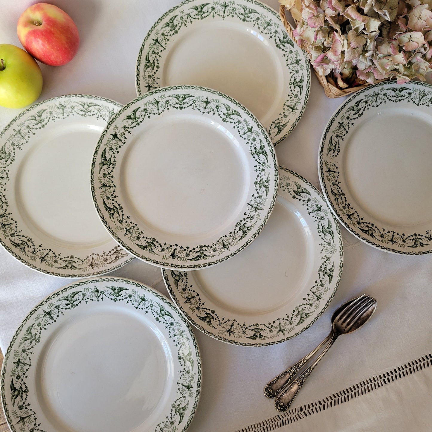 Antique French Transferware Dinner Plates Set of 6: Empire Style, Birds & Wreaths