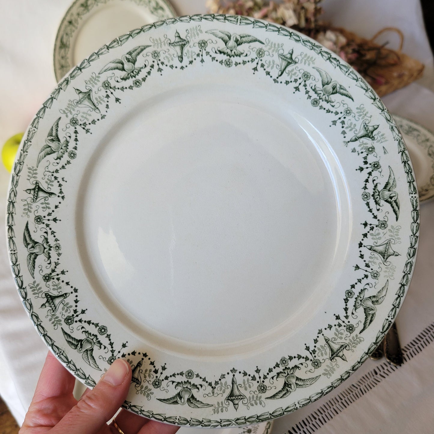 Antique French Transferware Dinner Plates Set of 6: Empire Style, Birds & Wreaths
