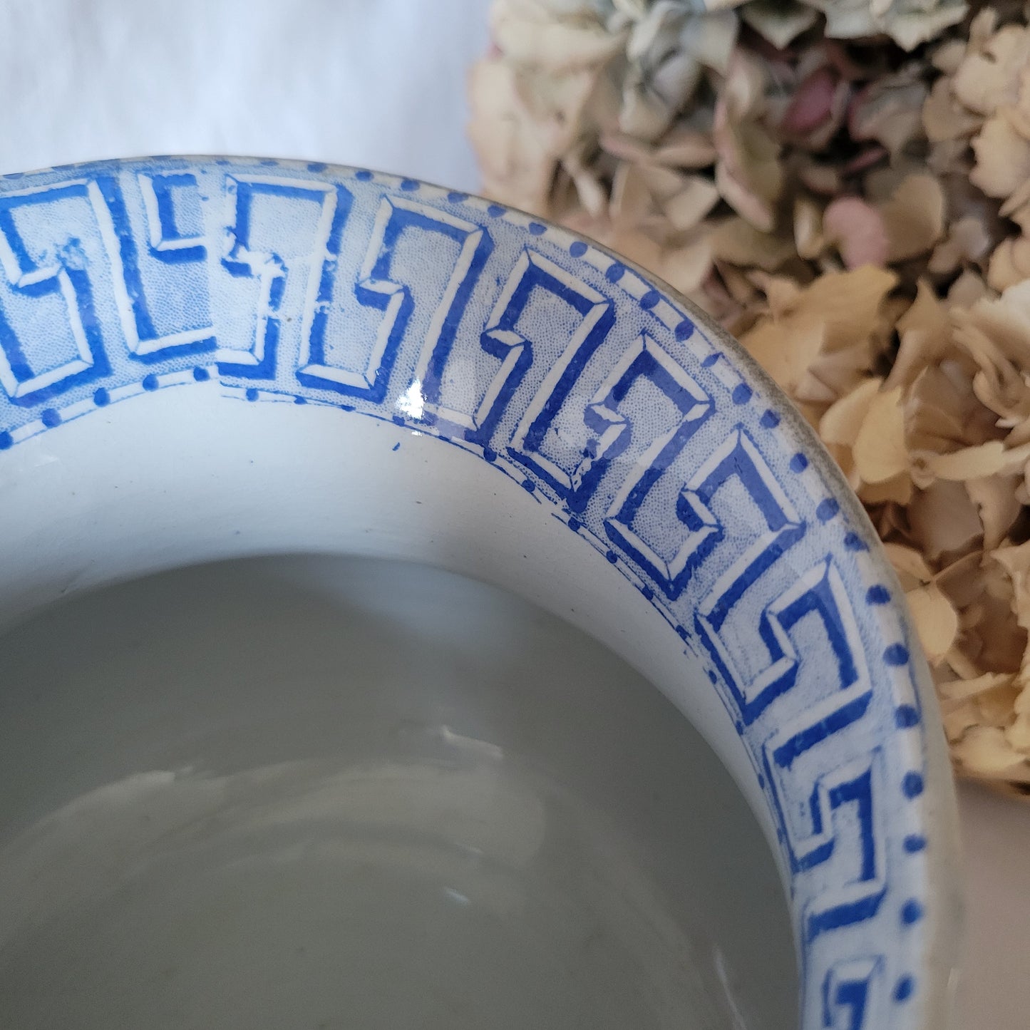 Antique pitcher / water jug, REVIEW marble effect blue and white Greek key border, 'Athenes' by K&G Luneville, France c1890 cornflower blue