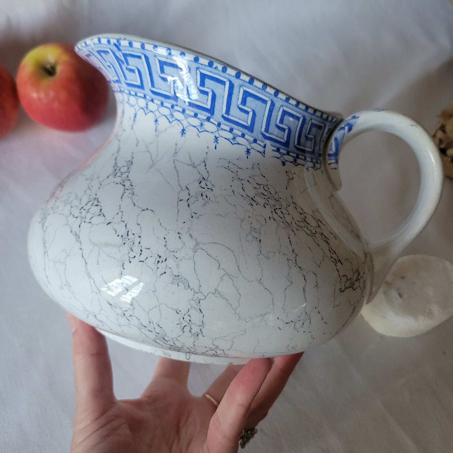 Antique pitcher / water jug, REVIEW marble effect blue and white Greek key border, 'Athenes' by K&G Luneville, France c1890 cornflower blue