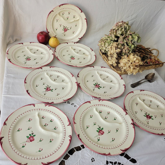 Set of 8 Antique French Asparagus Plates, Floral Ironstone Longchamp